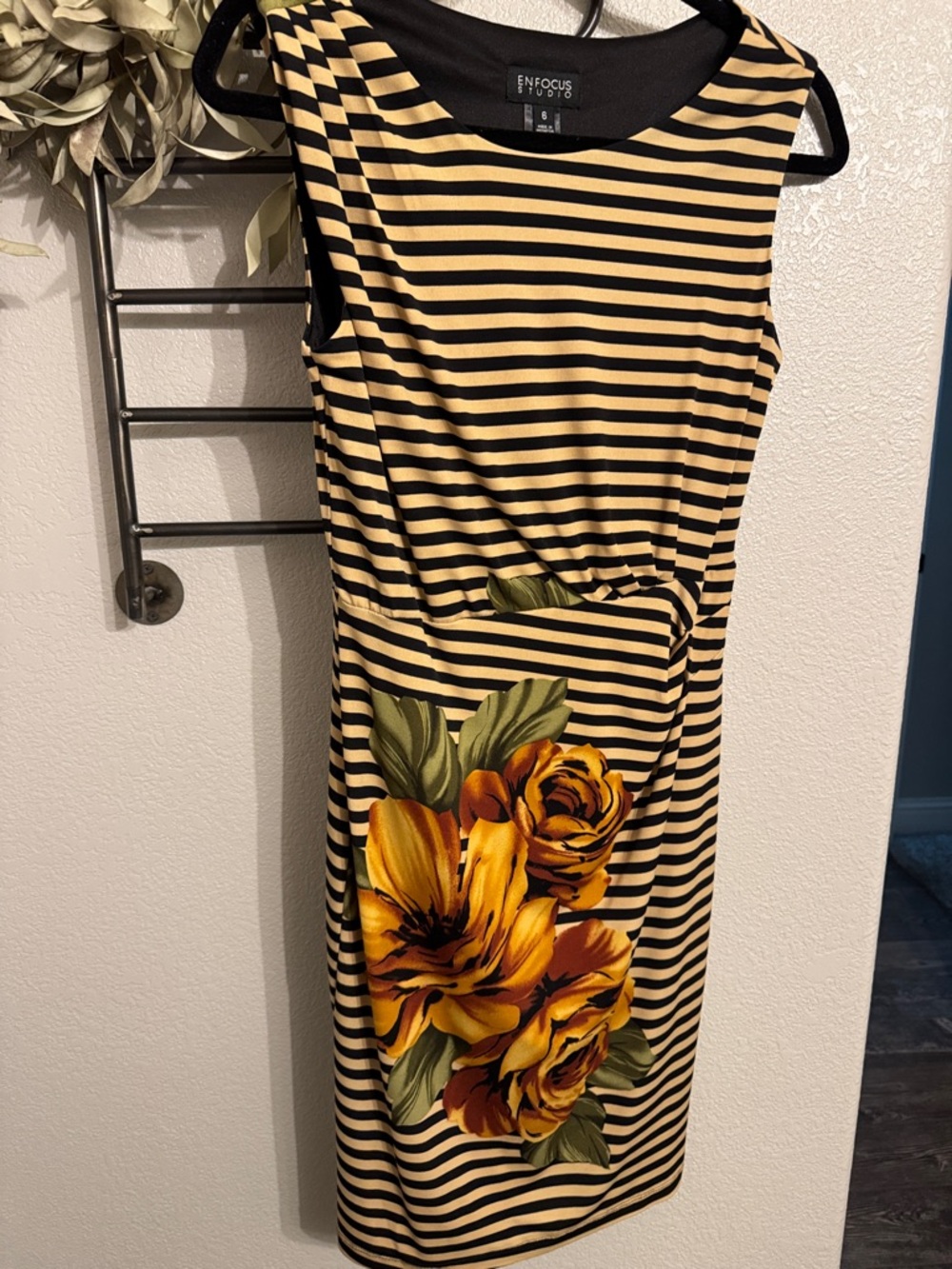 Enfocus Studio Black and Yellow Striped Floral Midi Sheath Dress